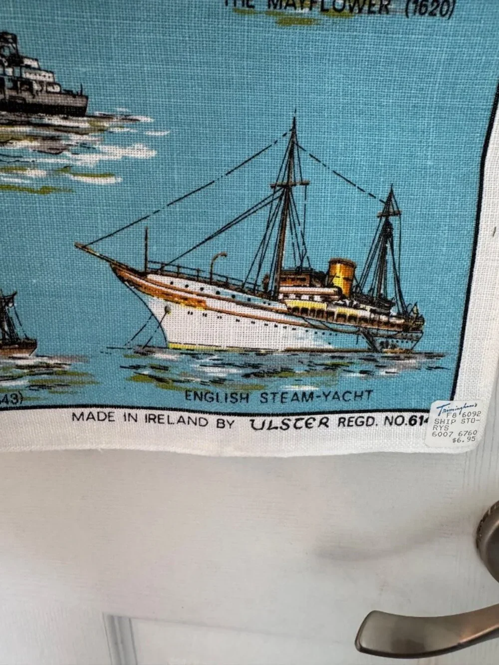 Story Of Ships Vintage Linen Tea Towel Ulster Ireland 30x19 Blue Nautical Theme
